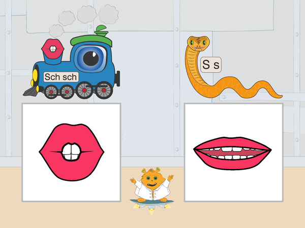 Screenshot: Blaue Lokomotive Schorschi Schnaufi und Sisi die Sandviper mit den entsprechenden Mundbildern in der Sprachforscher-App von LIFEtool